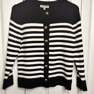Love Trend Women’s MP Black and White Striped Sweater‎ Cardigan Gold Buttons